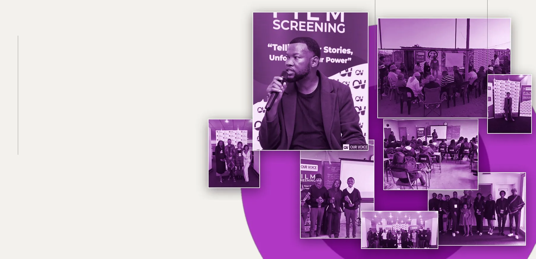 Collage of Our Voice events in Kimberley, Northern Cape: a speaker with a microphone, film screenings and community gatherings