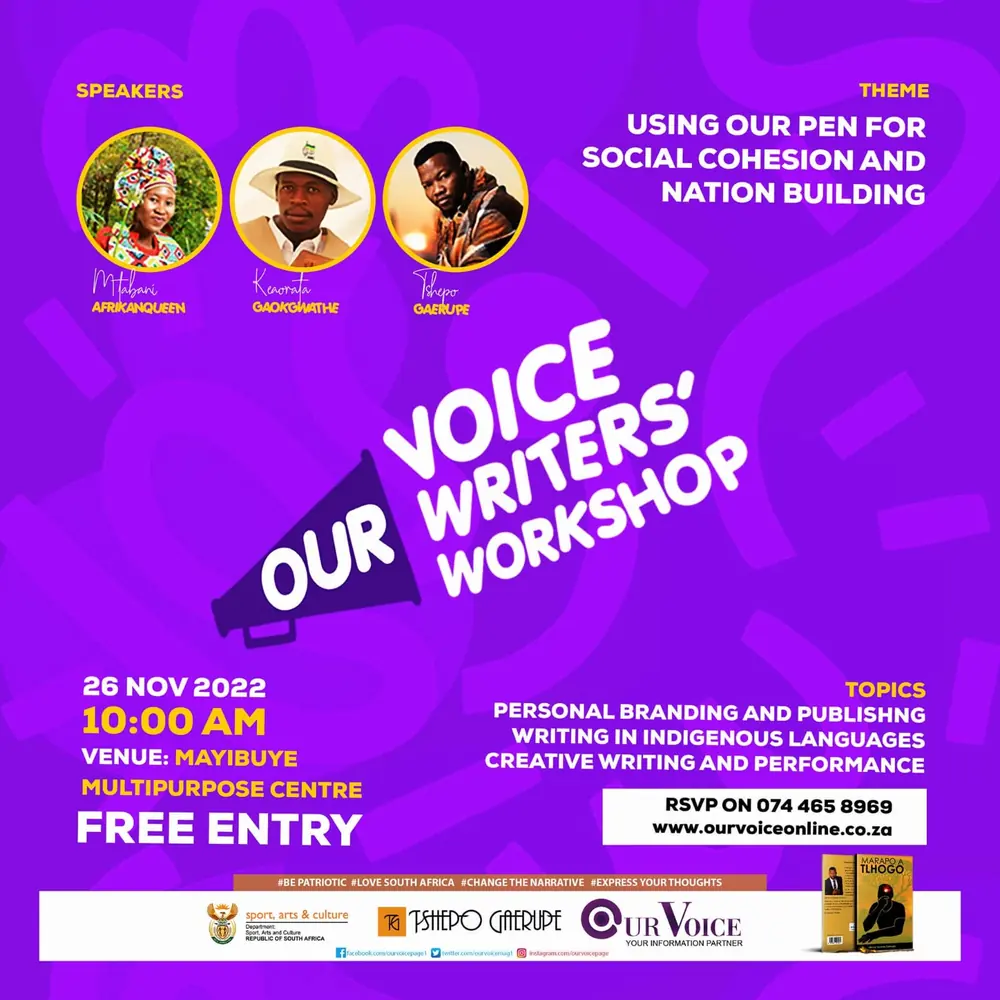 Our Voice Writers' Workshop poster: 26 November 2022, 10:00 AM, Mayibuye Multipurpose Centre, free entry